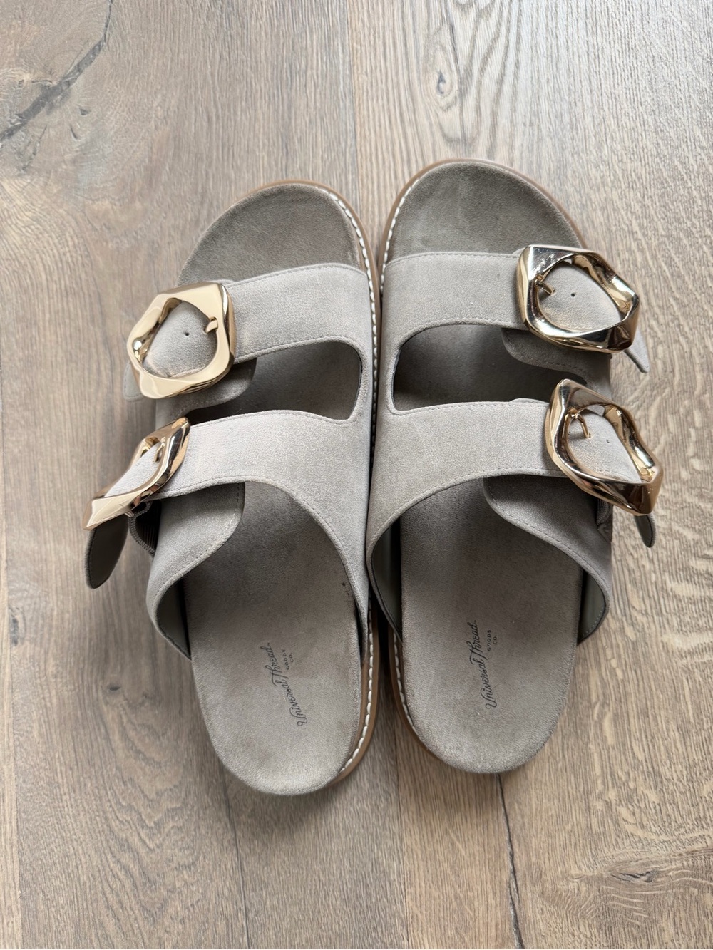 Universal Thread Neutral Suede Double-Buckle Slide Sandals with Gold Buckles